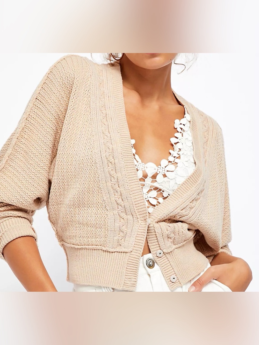 Free People- Moon River Cream Cable Knit Cropped Cardigan- Size M